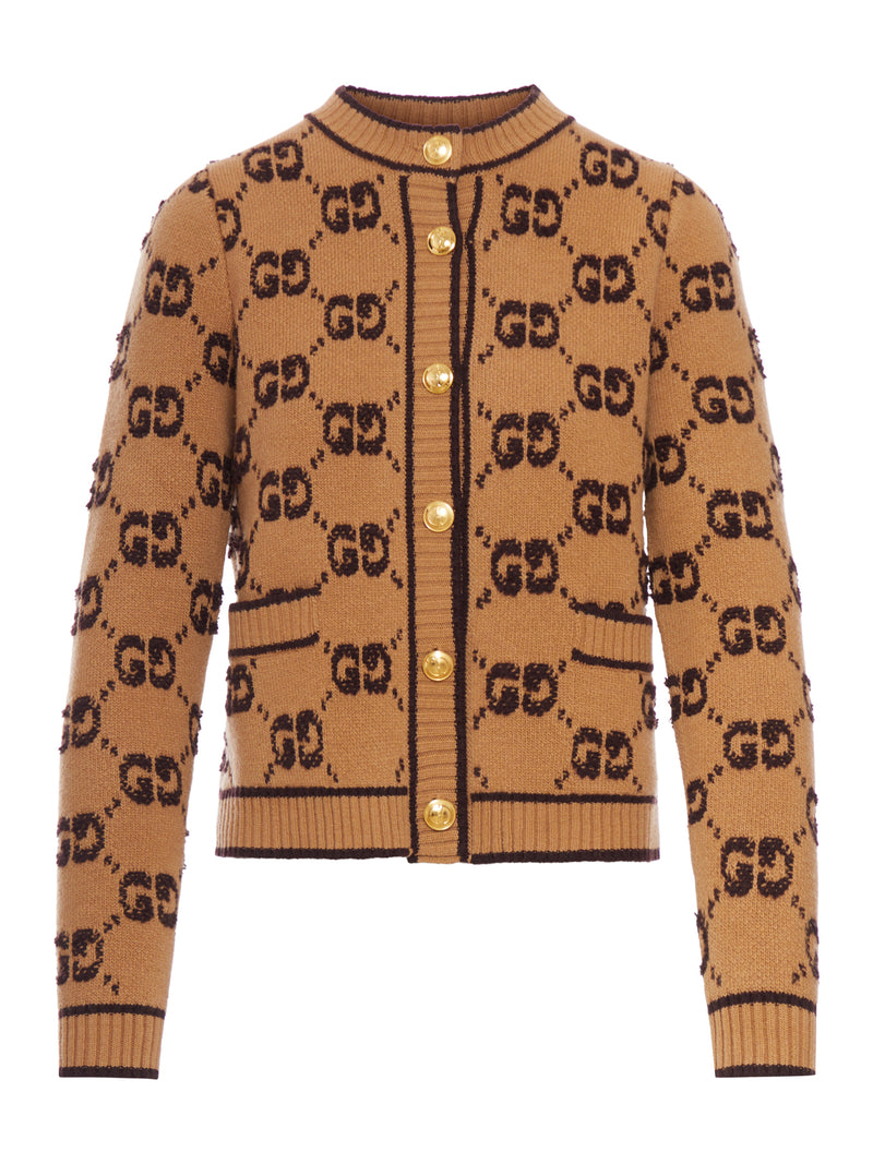 BOUCLE` WOOL CARDIGAN WITH ALLOVER GG LOGO