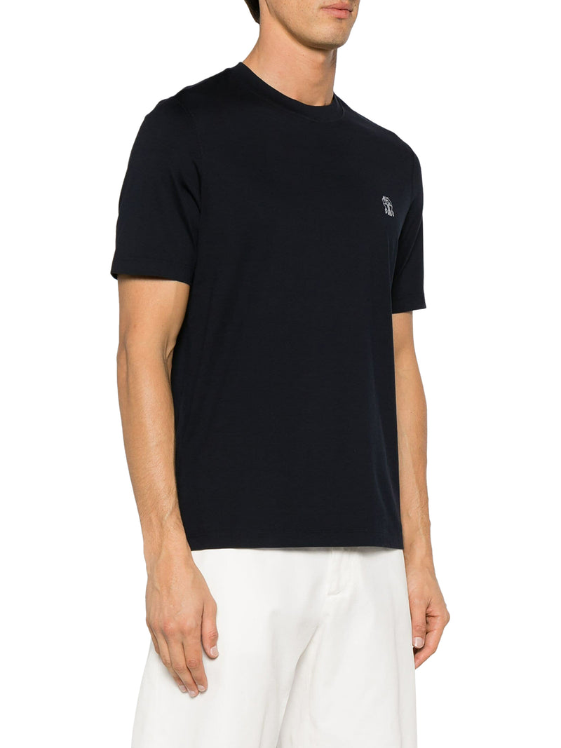 BLUE COTTON T-SHIRT WITH CONTRASTING LOGO PRINT