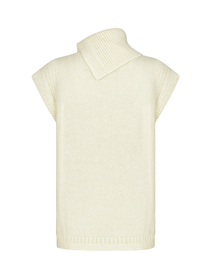 Sleeveless sweater with stand collar