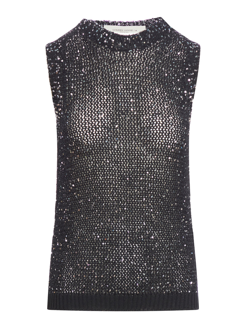 NET MESH TOP WITH SEQUINS AND CONTRASTING DETAILS