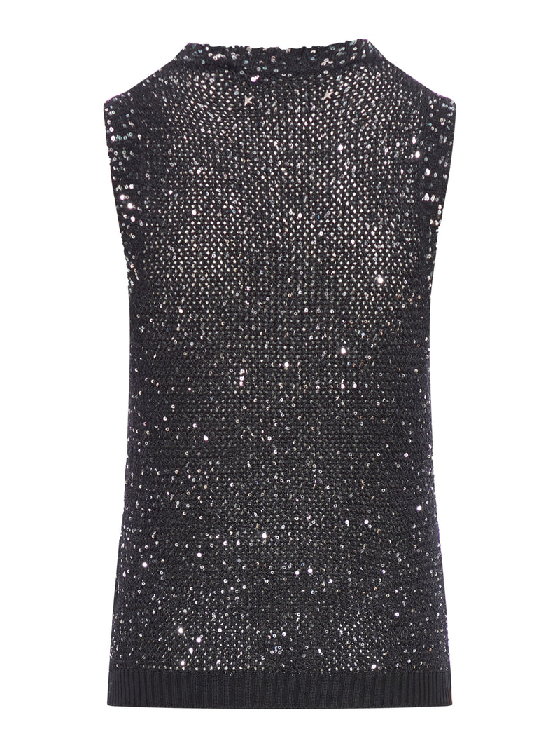 NET MESH TOP WITH SEQUINS AND CONTRASTING DETAILS