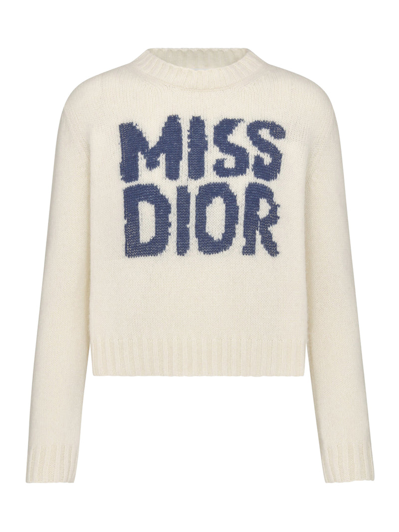 Ecru cashmere and silk sweater with blue Miss Dior Graffiti motif