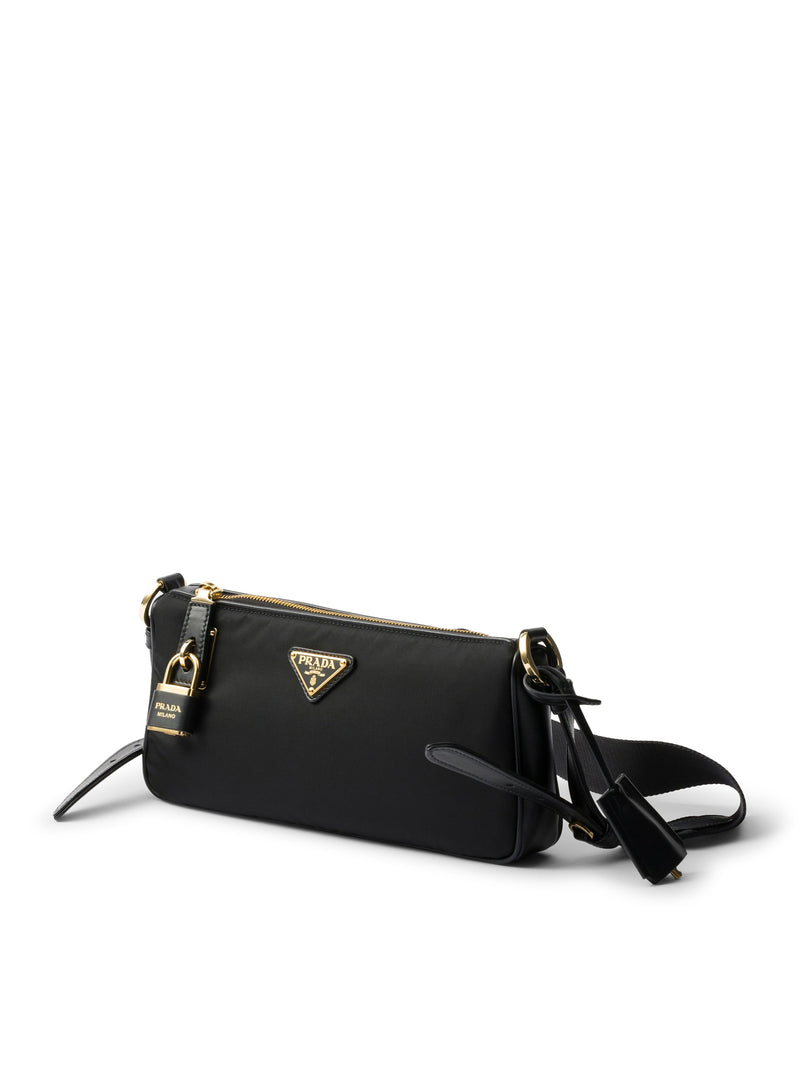 SMALL RE-NYLON AND LEATHER SHOULDER BAG WITH PADLOCK