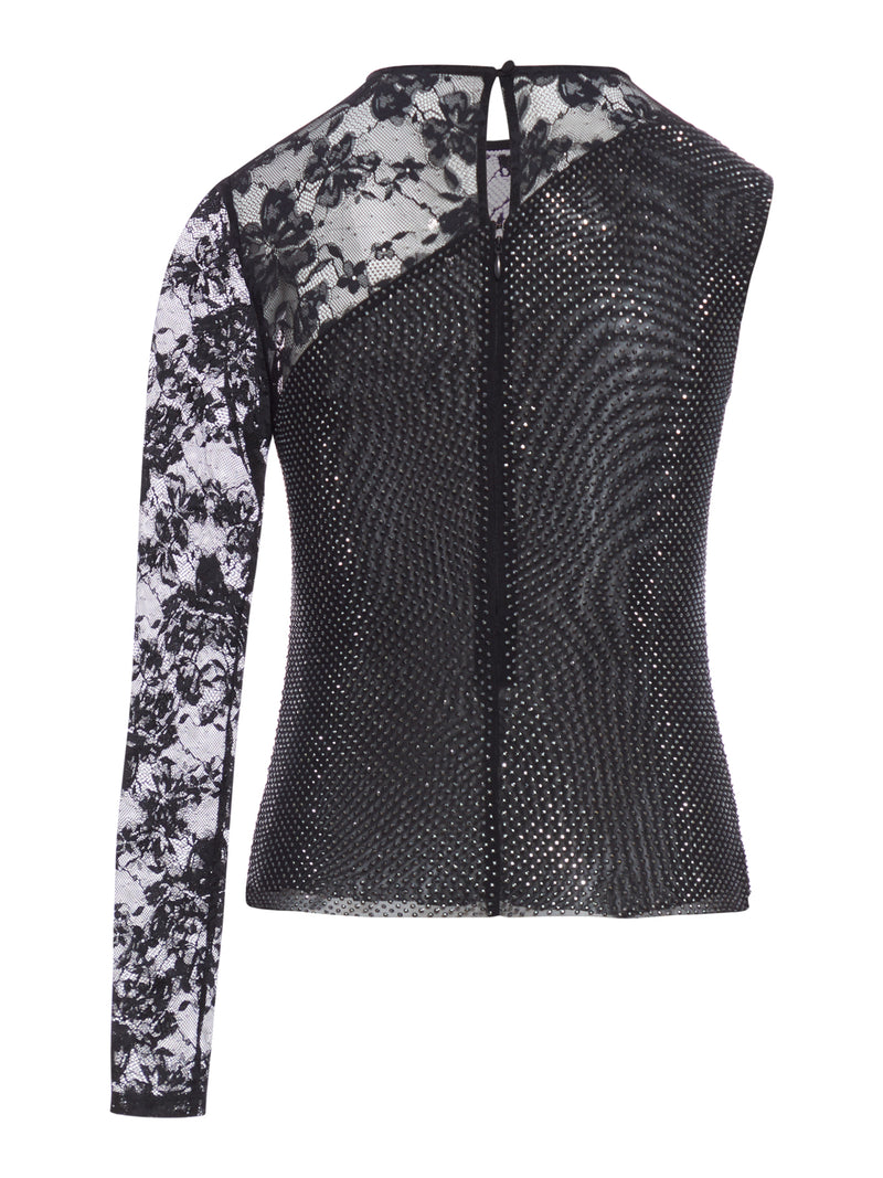 TOP WITH RHINESTONE AND LACE SLEEVES