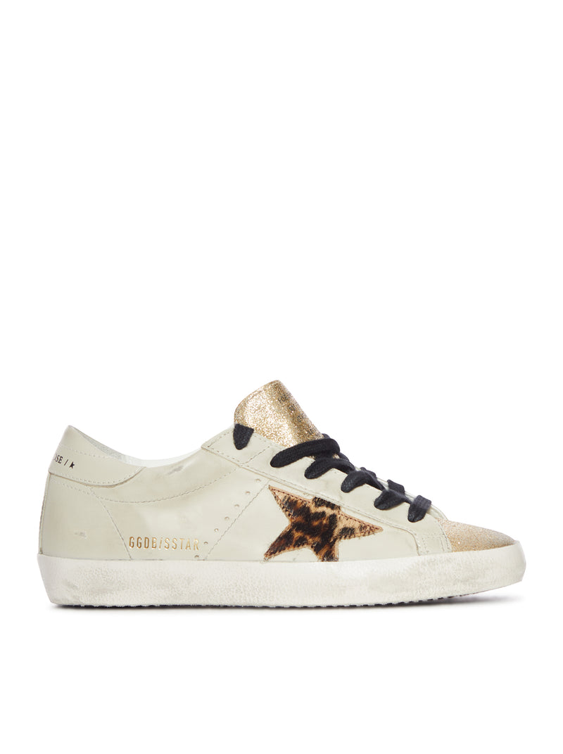 SUPERSTAR SNEAKER IN LEATHER WITH LEOPARD STAR AND GLITTER TONGUE
