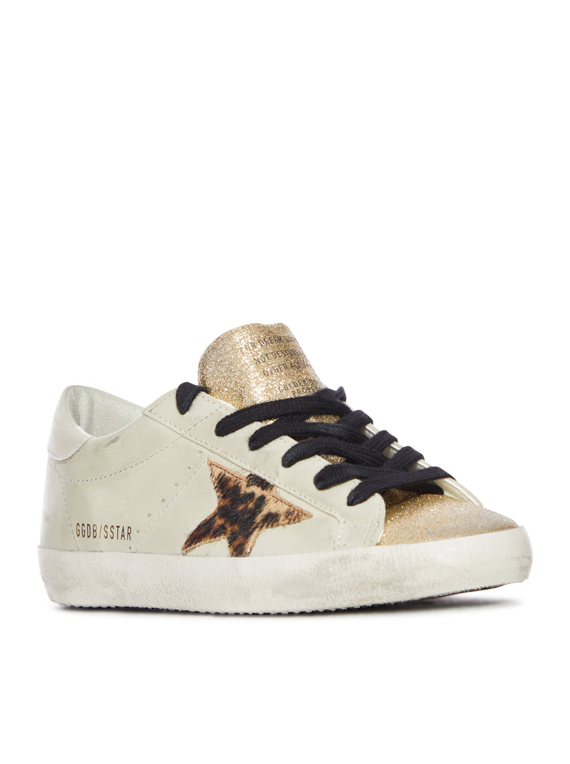 SUPERSTAR SNEAKER IN LEATHER WITH LEOPARD STAR AND GLITTER TONGUE