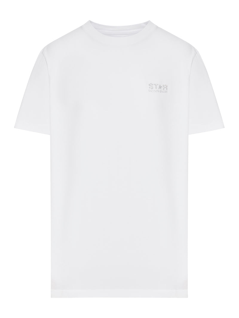 WHITE T-SHIRT WITH SILVER GLITTER LOGO AND STAR