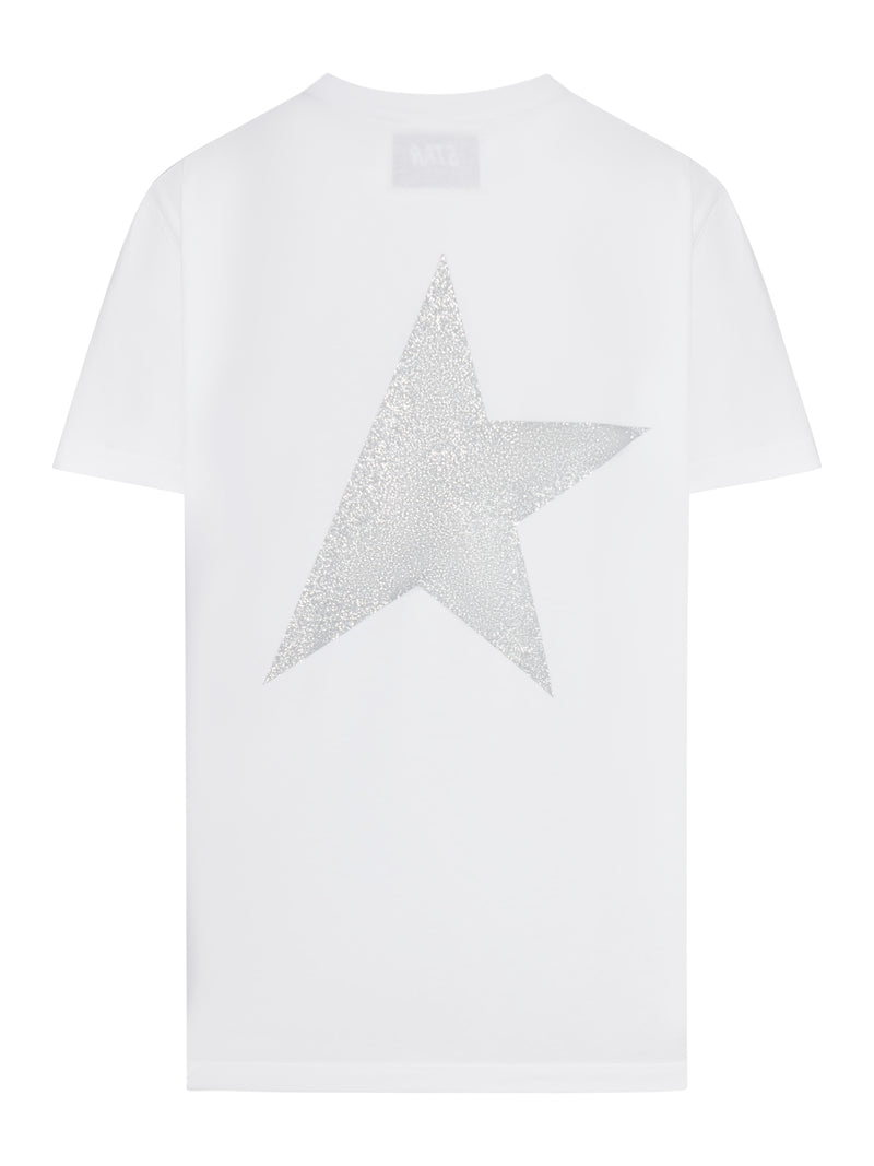WHITE T-SHIRT WITH SILVER GLITTER LOGO AND STAR