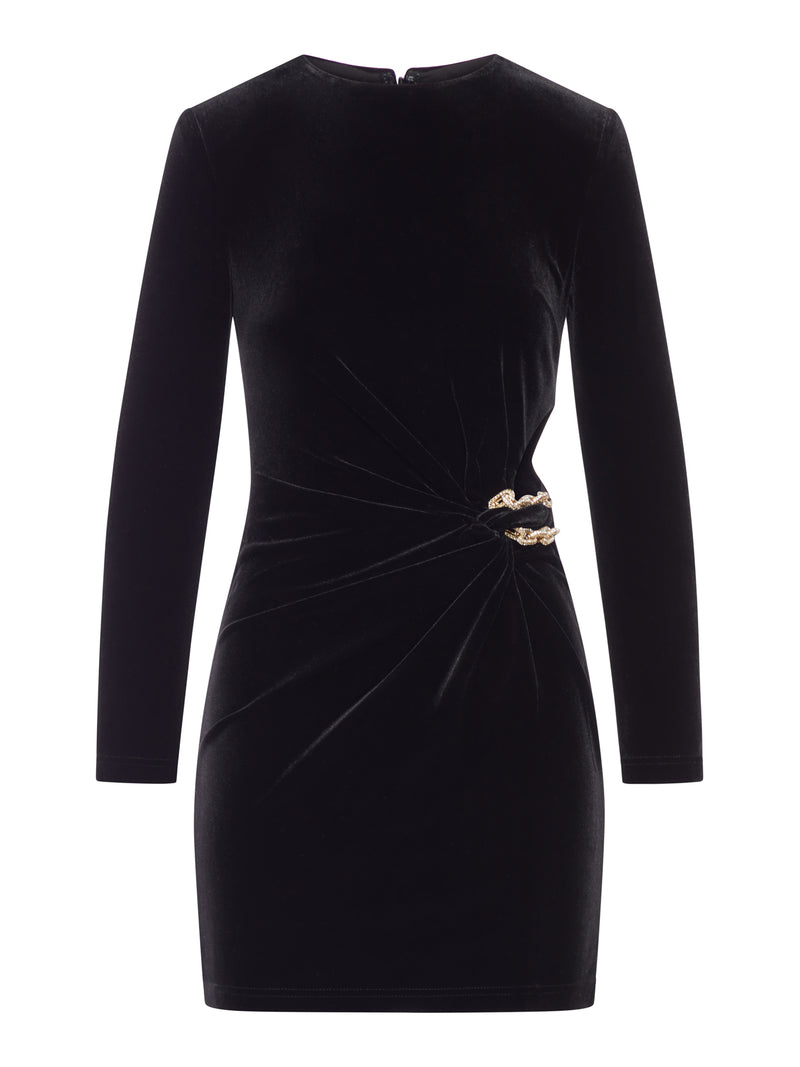 BLACK VELVET EMBELLISHED MINI DRESS