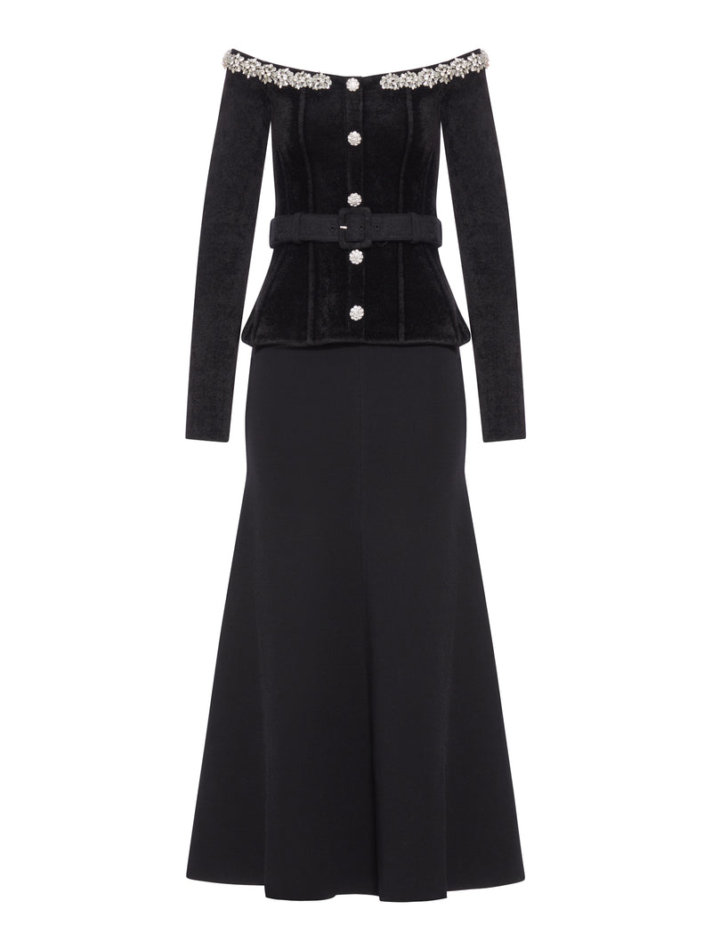 BLACK CHENILLE KNIT CRYSTAL TRIM MIDI DRESS