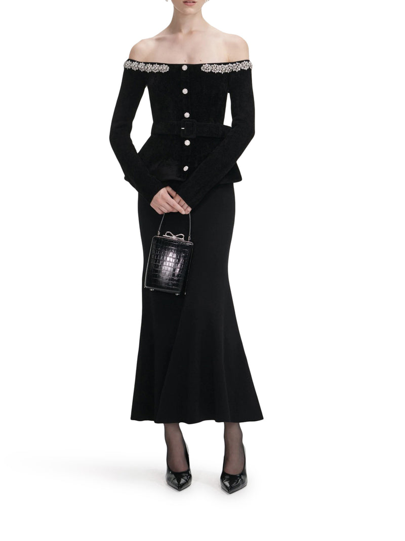 BLACK CHENILLE KNIT CRYSTAL TRIM MIDI DRESS