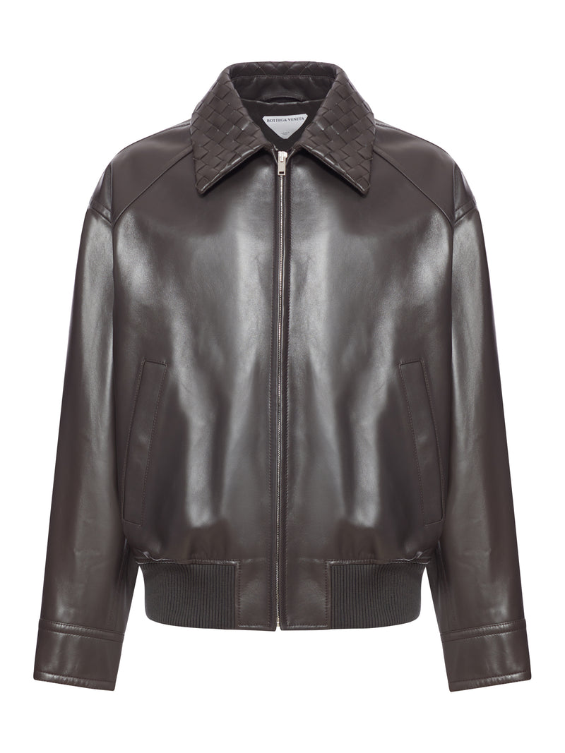 LEATHER JACKET WITH WOVEN COLLAR