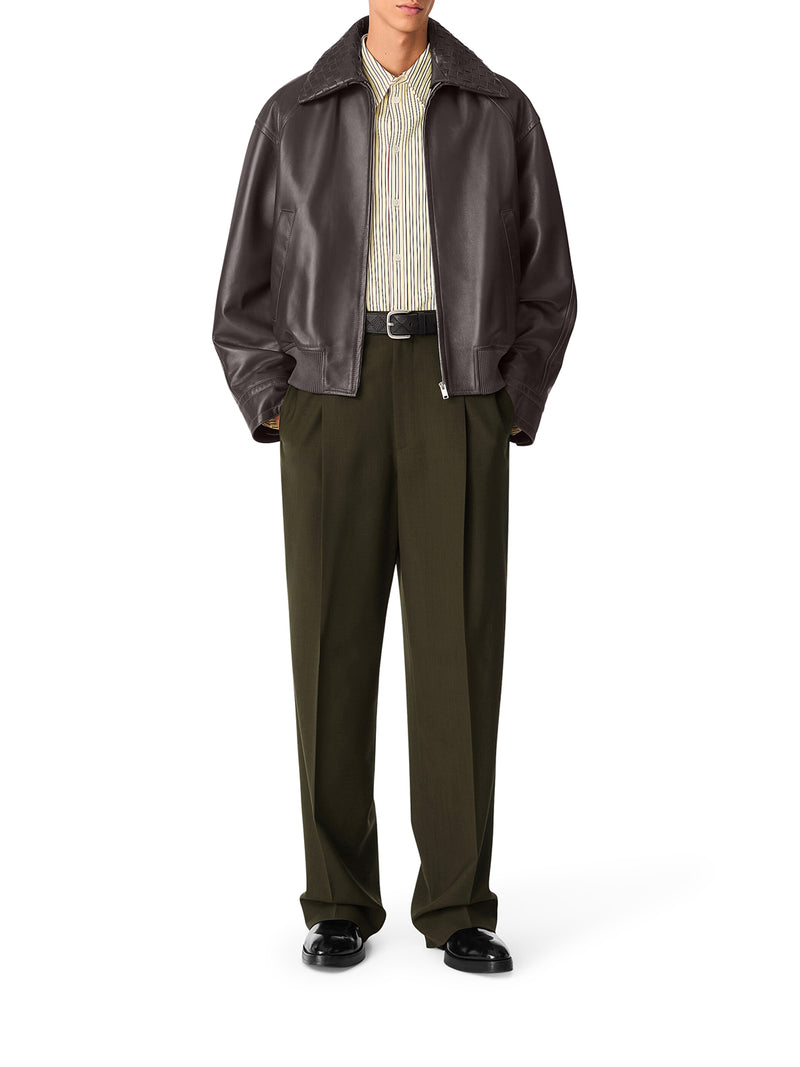 LEATHER JACKET WITH WOVEN COLLAR