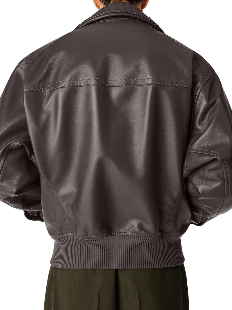 LEATHER JACKET WITH WOVEN COLLAR