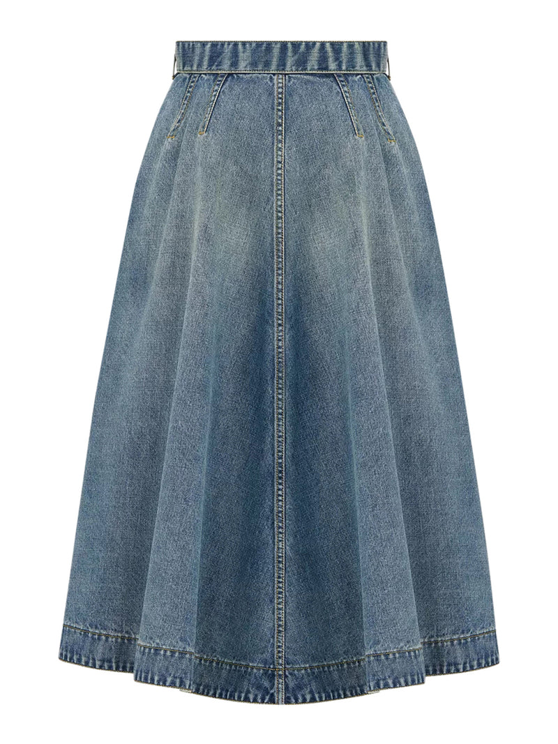 STONEWASHED COTTON DENIM FLARED MIDI SKIRT IN BLUE