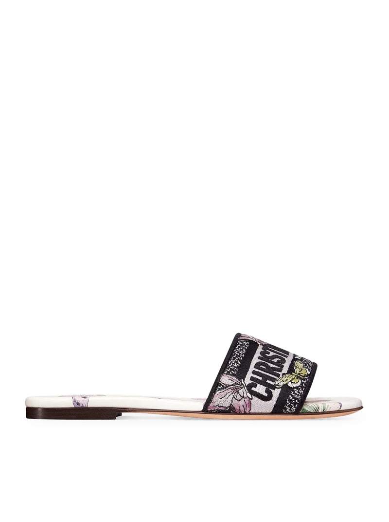 DWAY SANDAL IN EMBROIDERED COTTON WITH WHITE AND PURPLE BUTTERFLY MOTIF
