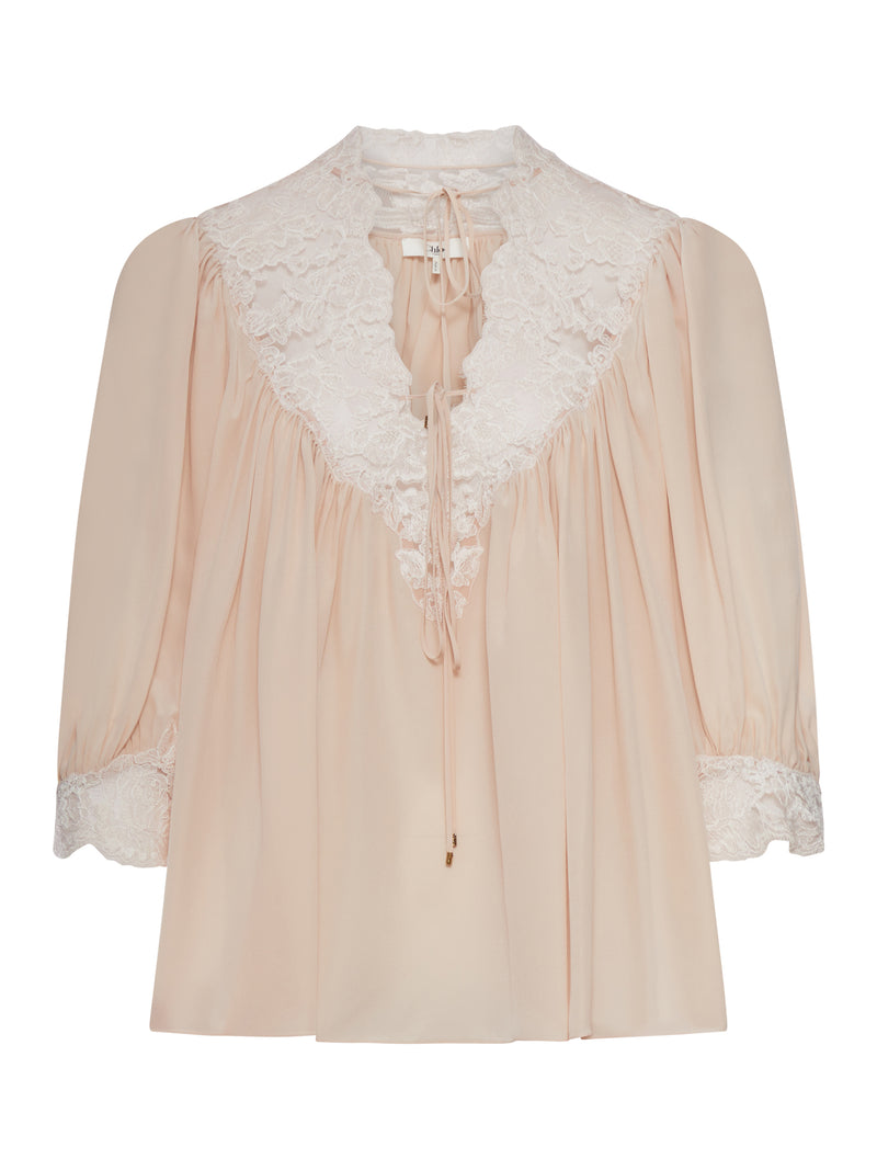 FLUID TOP WITH PUFFED SLEEVES IN CREPE DE CHINE AND LACE