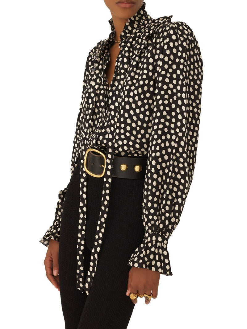 BLOUSE WITH RUFFLES AND RIBBONS ON THE FRONT IN SILK JACQUARD