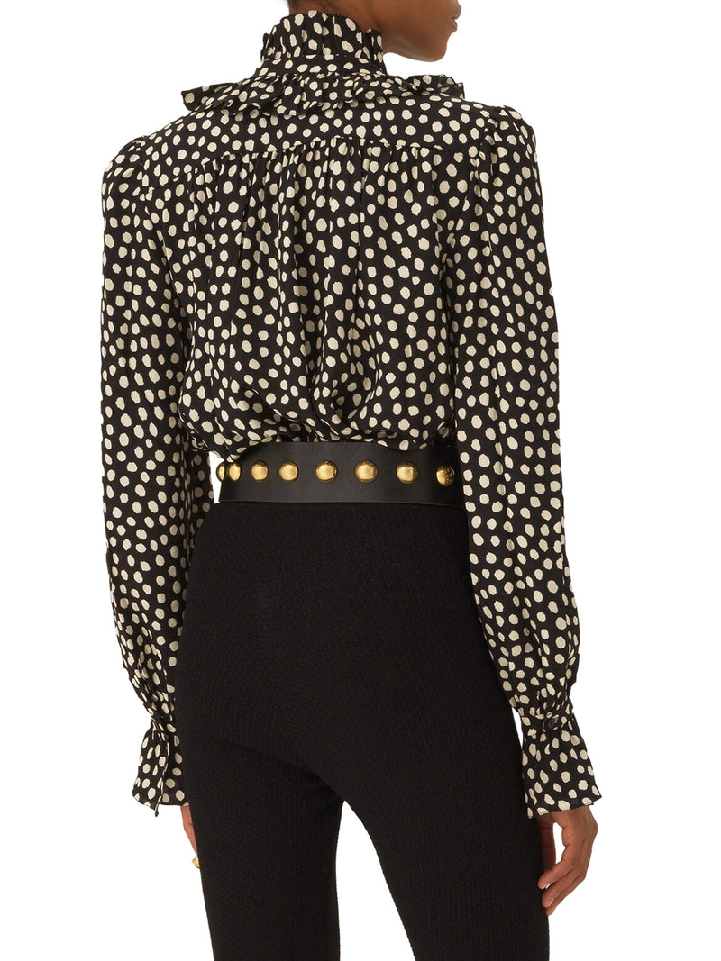 BLOUSE WITH RUFFLES AND RIBBONS ON THE FRONT IN SILK JACQUARD