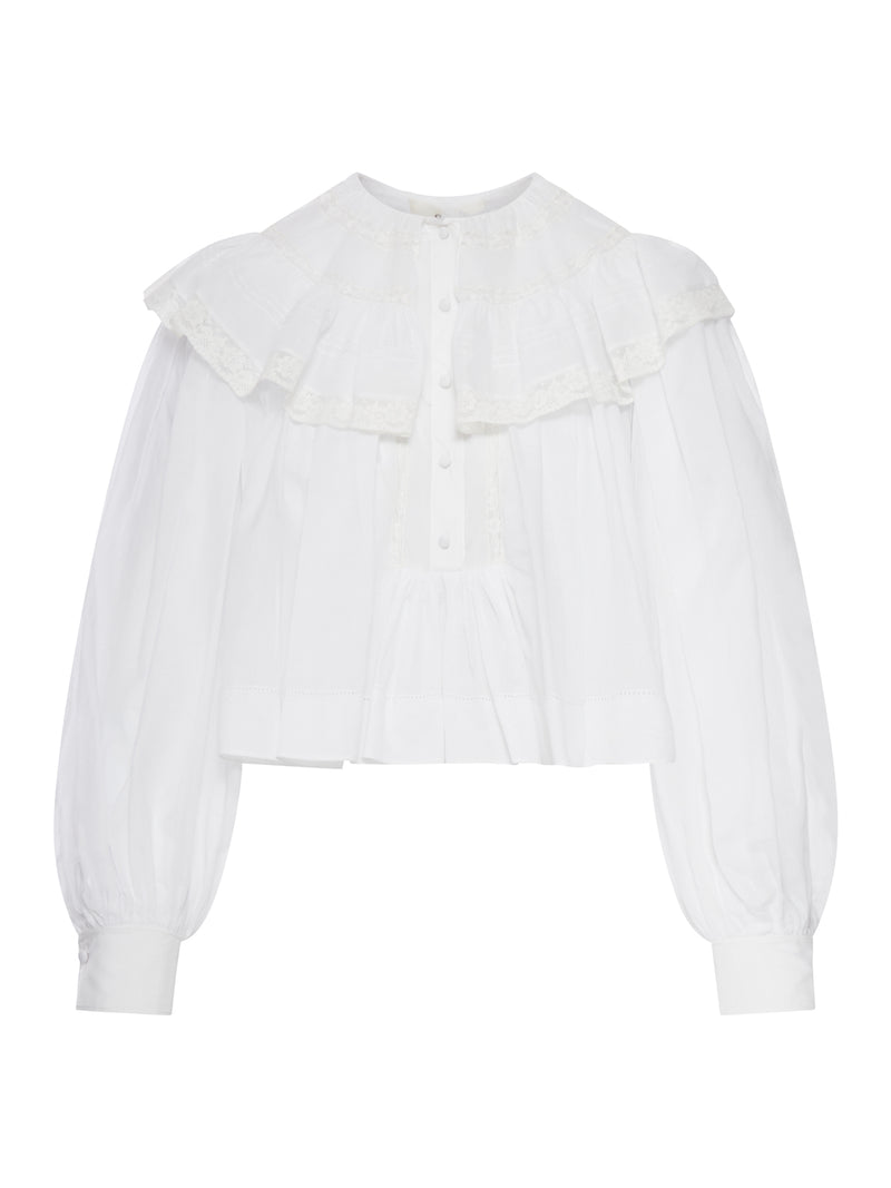 WHITE COTTON BLOUSE WITH RUFFLES AND LACE DETAILS