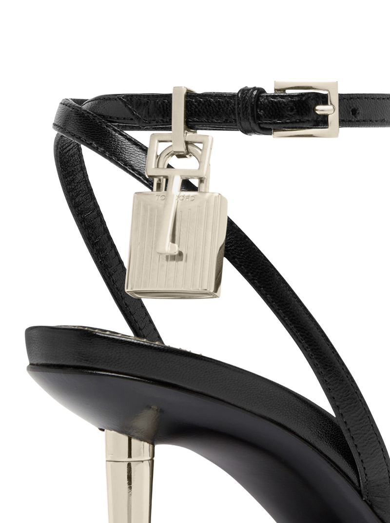 POINTED-TOE SANDAL WITH PADLOCK IN POLISHED LEATHER