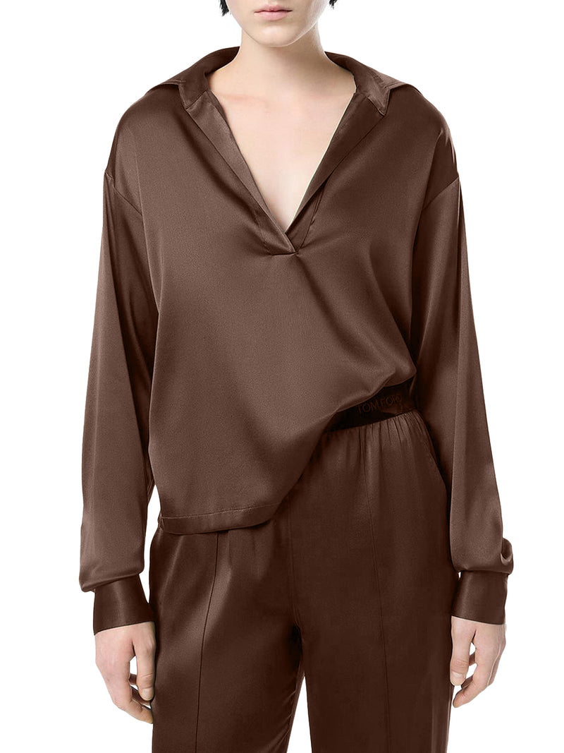SILK SATIN BLOUSE WITH TF LOGO EMBROIDERED IN TONE-ON-TONE BROWN
