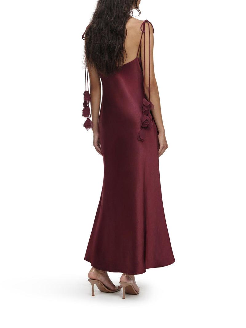 BURGUNDY SATIN FLOWER MIDI DRESS