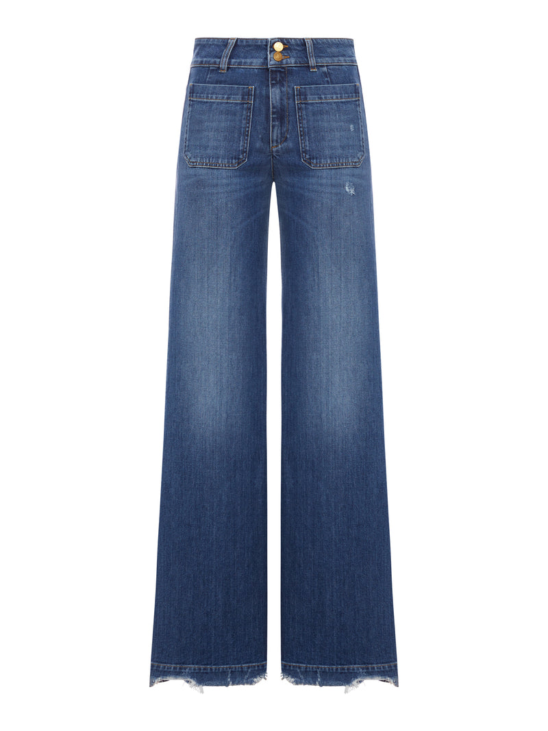 JANE WIDE LEG BLUE DENIM JEANS WITH FRINGED DETAILS