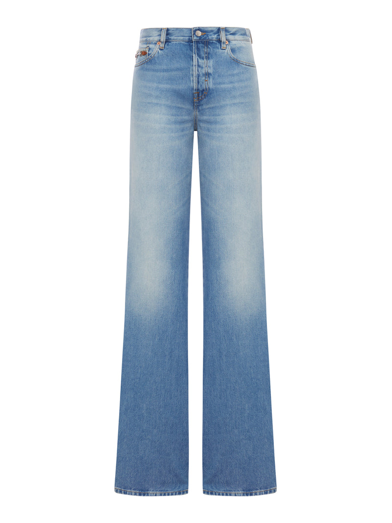 WASHED-EFFECT DENIM FLARE TROUSERS