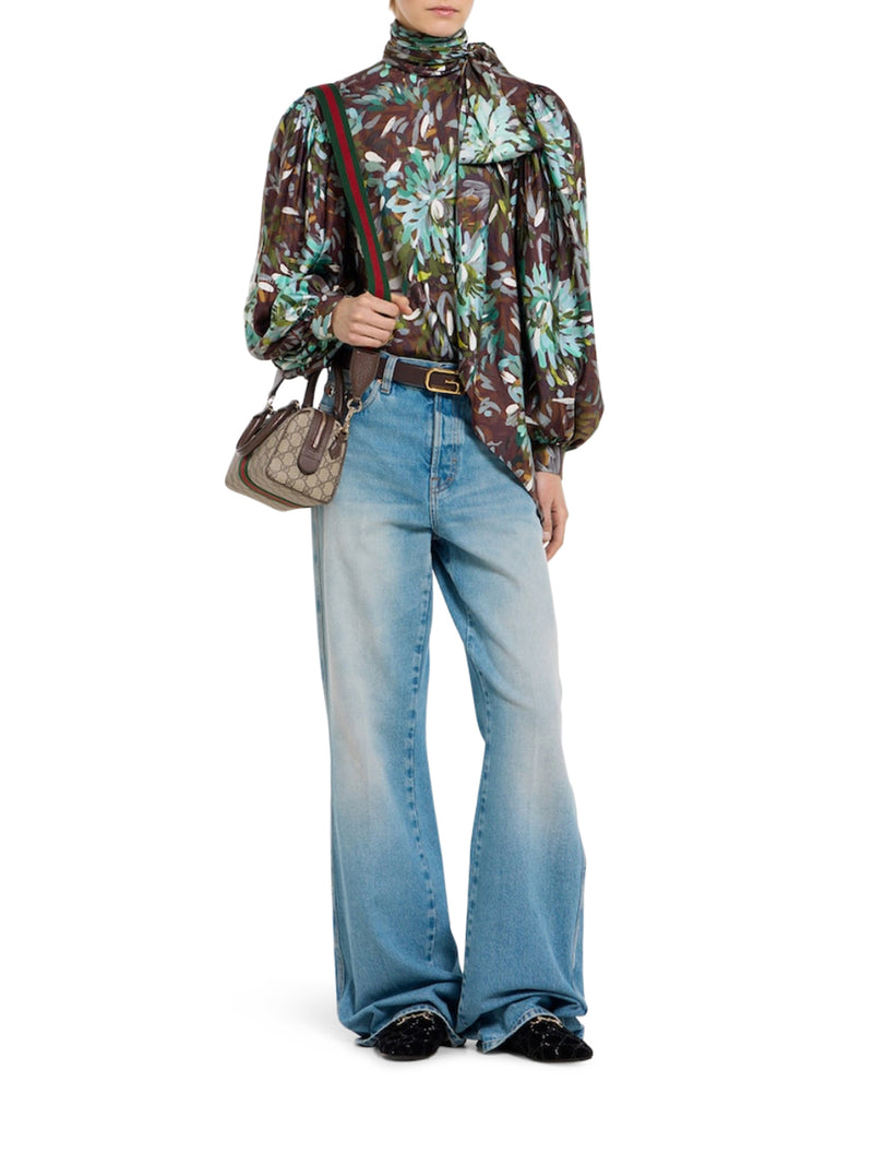 WASHED-EFFECT DENIM FLARE TROUSERS