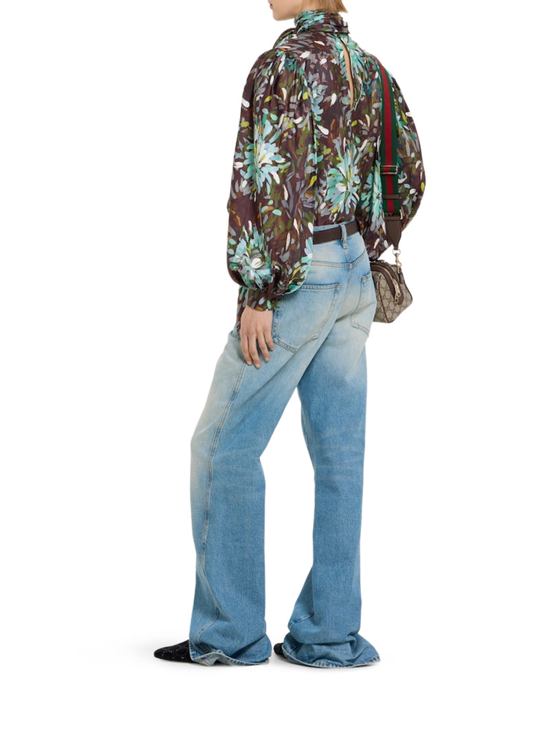 WASHED-EFFECT DENIM FLARE TROUSERS