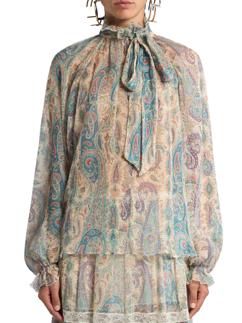 SILK CREPON BLOUSE WITH SCARF AND PAISLEY FOLIAGE MOTIF