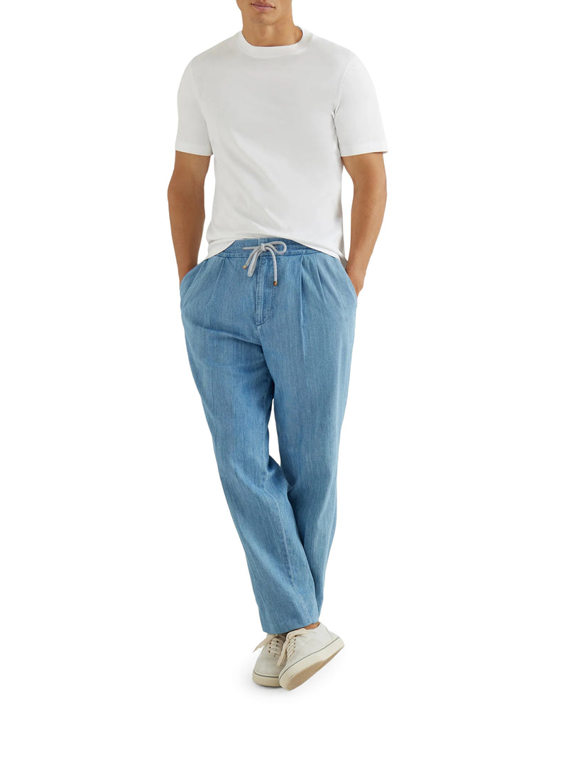 LIGHTWEIGHT DENIM TROUSERS WITH DRAWSTRING AND DOUBLE PLEATS