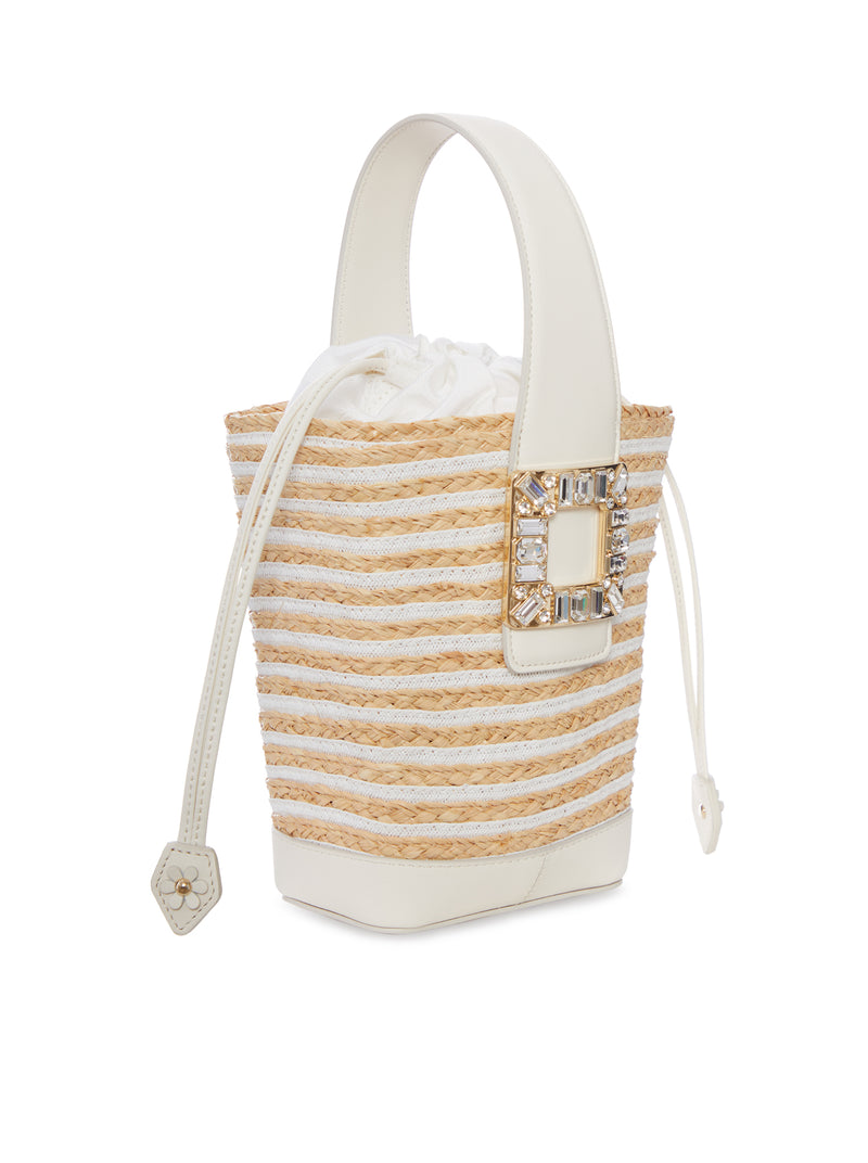 STRIPED RAFFIA BUCKET BAG WITH JEWEL BUCKLE