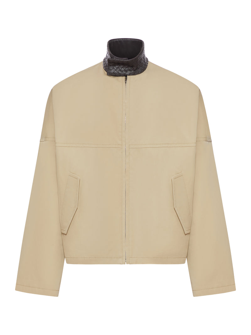 COTTON BLOUSON WITH WOVEN LEATHER COLLAR