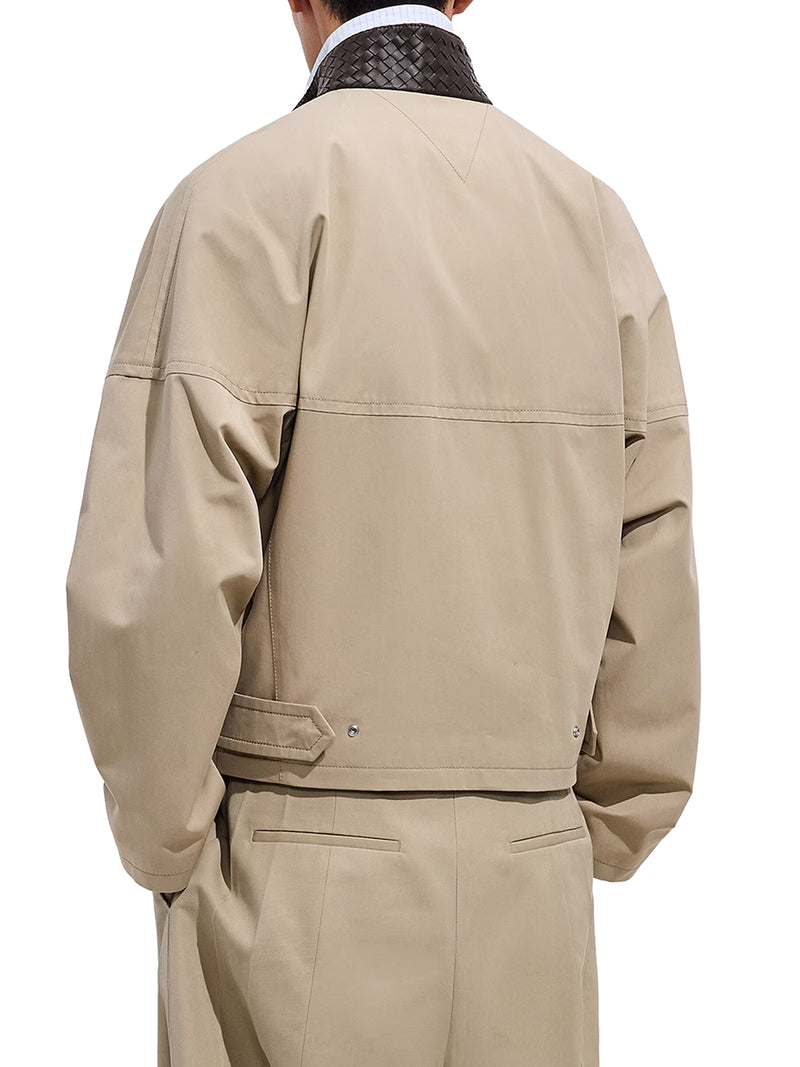 COTTON BLOUSON WITH WOVEN LEATHER COLLAR