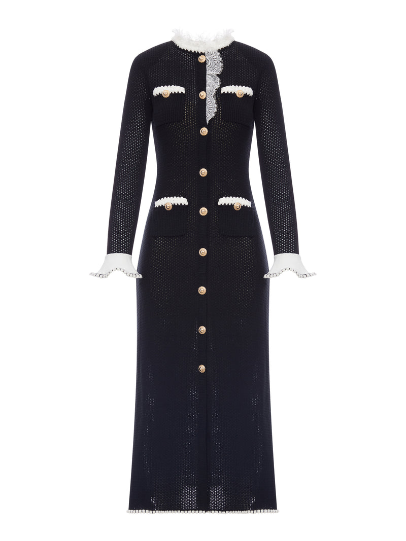 BLACK LACE TRIM KNIT MIDI DRESS