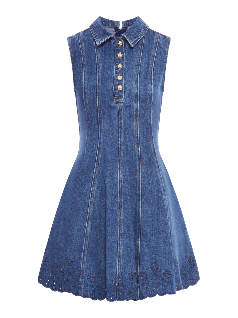 DENIM BRODERIE MINI DRESS