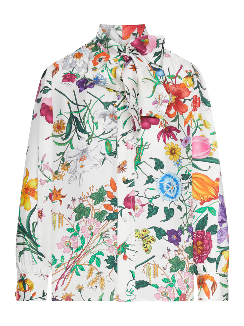 PRINTED SILK TWILL SHIRT WITH BOW