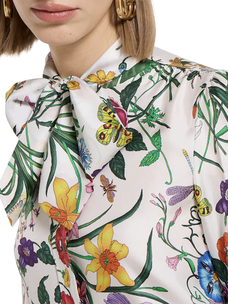 PRINTED SILK TWILL SHIRT WITH BOW