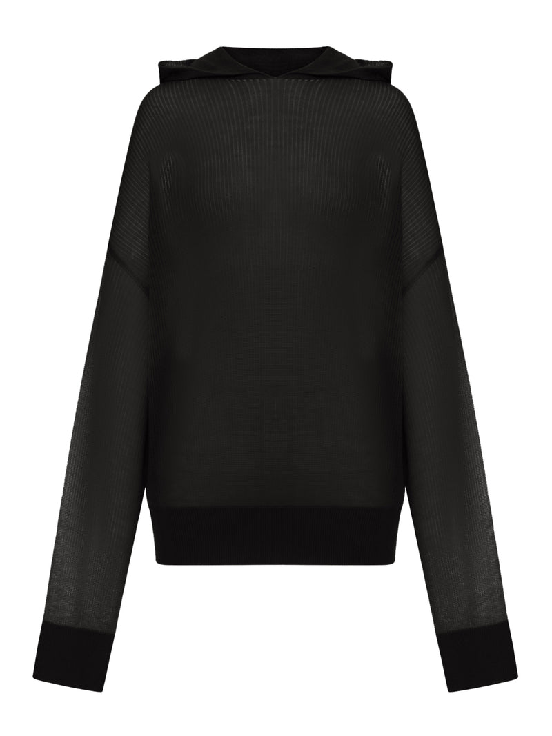 SEMI-TRANSPARENT KNIT SWEATSHIRT WITH HOOD
