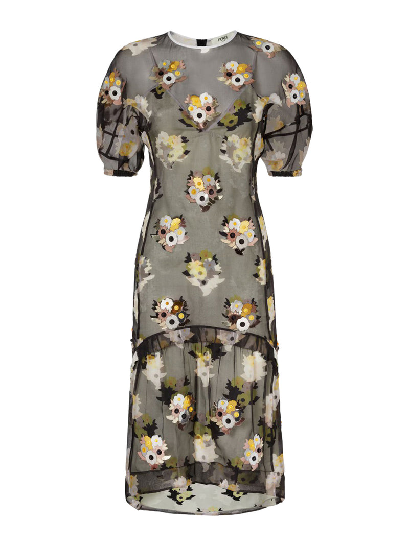 BLACK PRINTED ORGANZA DRESS WITH APPLIQUES