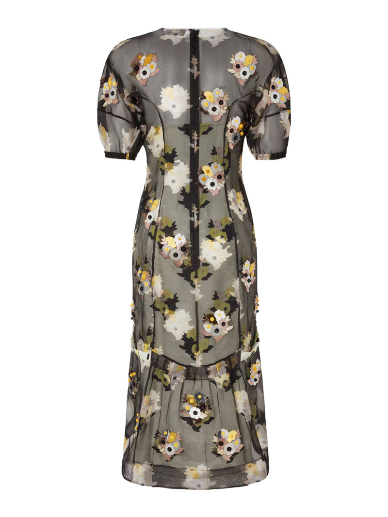 BLACK PRINTED ORGANZA DRESS WITH APPLIQUES