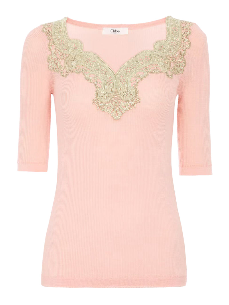 FITTED SWEATER IN WOOL AND LACE KNIT