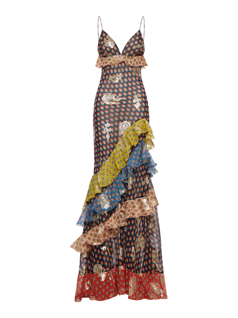 LONG PATCHWORK DRESS WITH RUFFLES AND THIN STRAPS