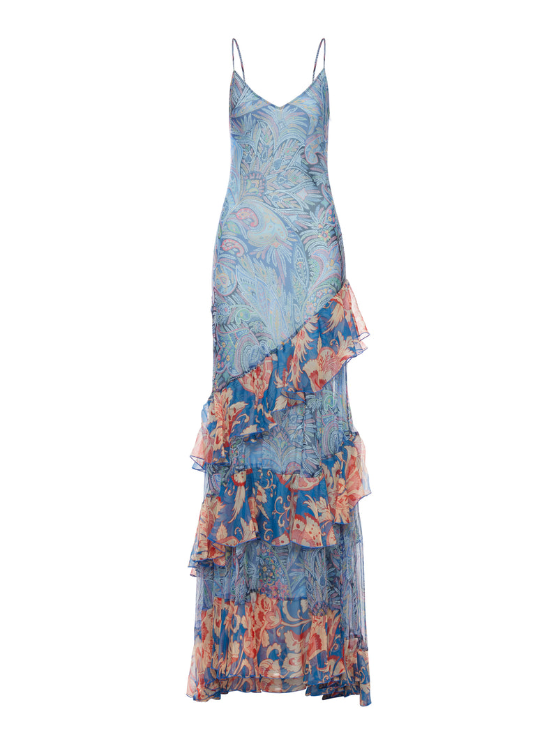 LONG SILK DRESS WITH RUFFLES AND FLORAL PATTERN