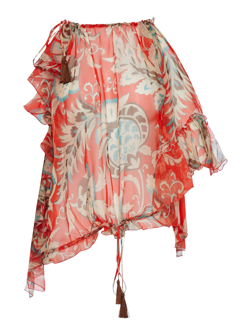 SINGLE-SLEEVED SILK TOP WITH FLORAL PATTERN