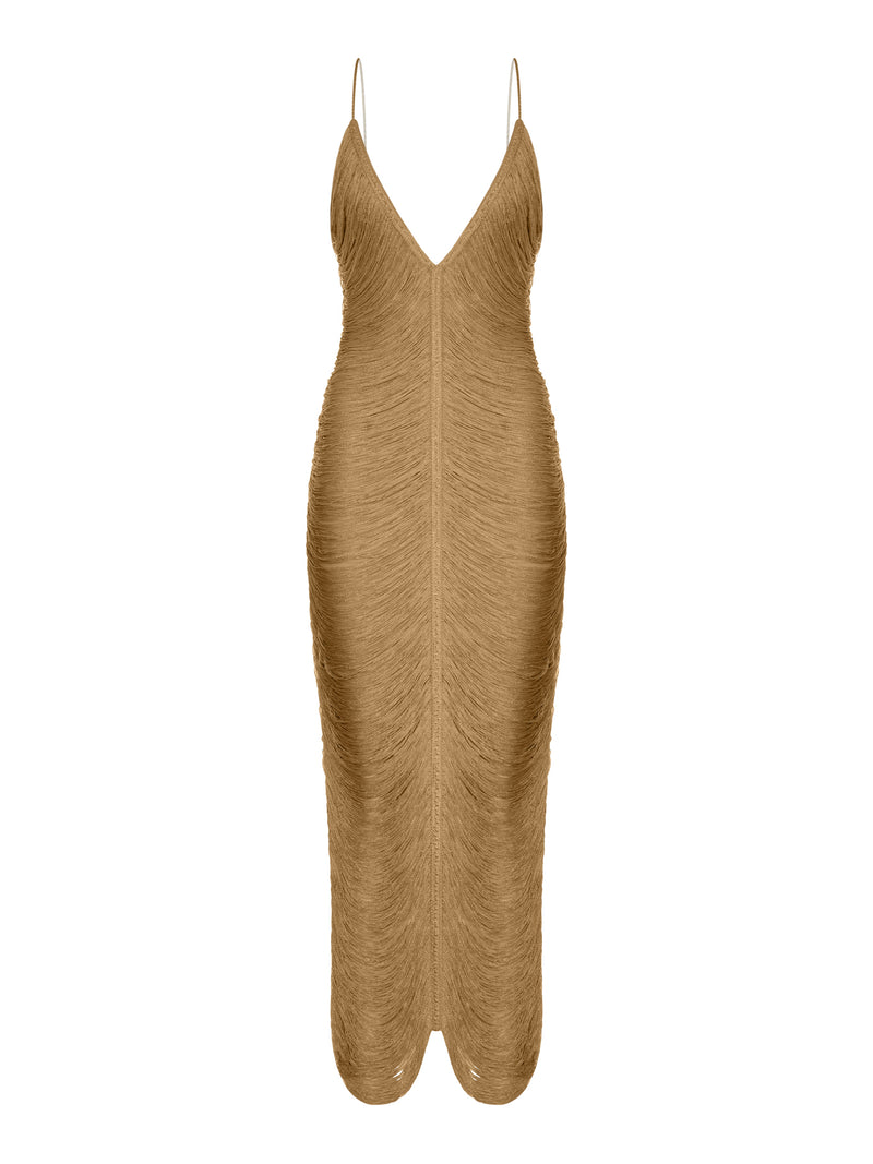 LONG SOLÉ DRESS WITH FRINGES AND V-NECK