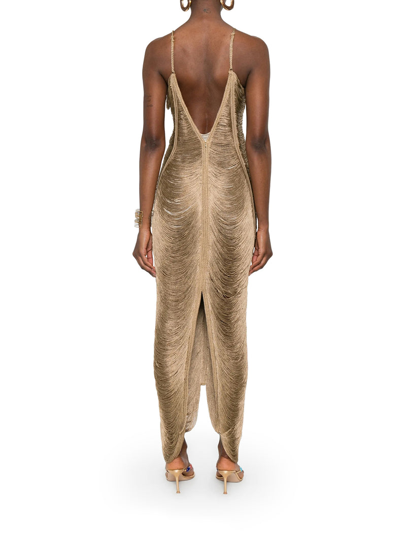 LONG SOLÉ DRESS WITH FRINGES AND V-NECK