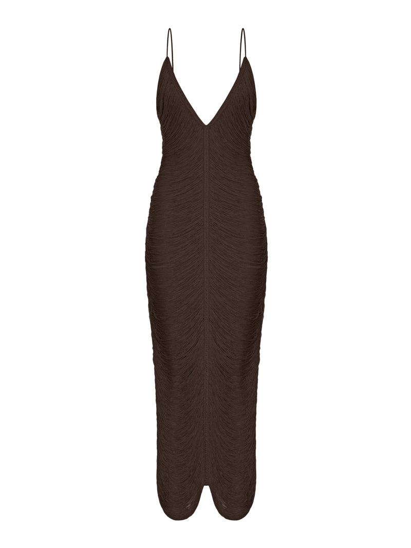 LONG SOLÉ DRESS WITH FRINGES AND V-NECK